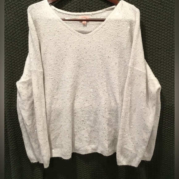 Evri Women’s Ivory Plus Size V-Neck Pullover Sequined Sweater; Size 3X - Picture 1 of 13